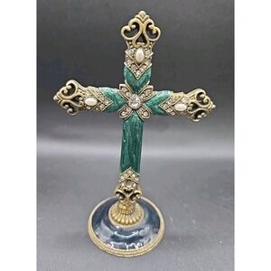 Vintage Brass Religious  Green Enamel Rhinestone HEAVY Cross  5.5 inches